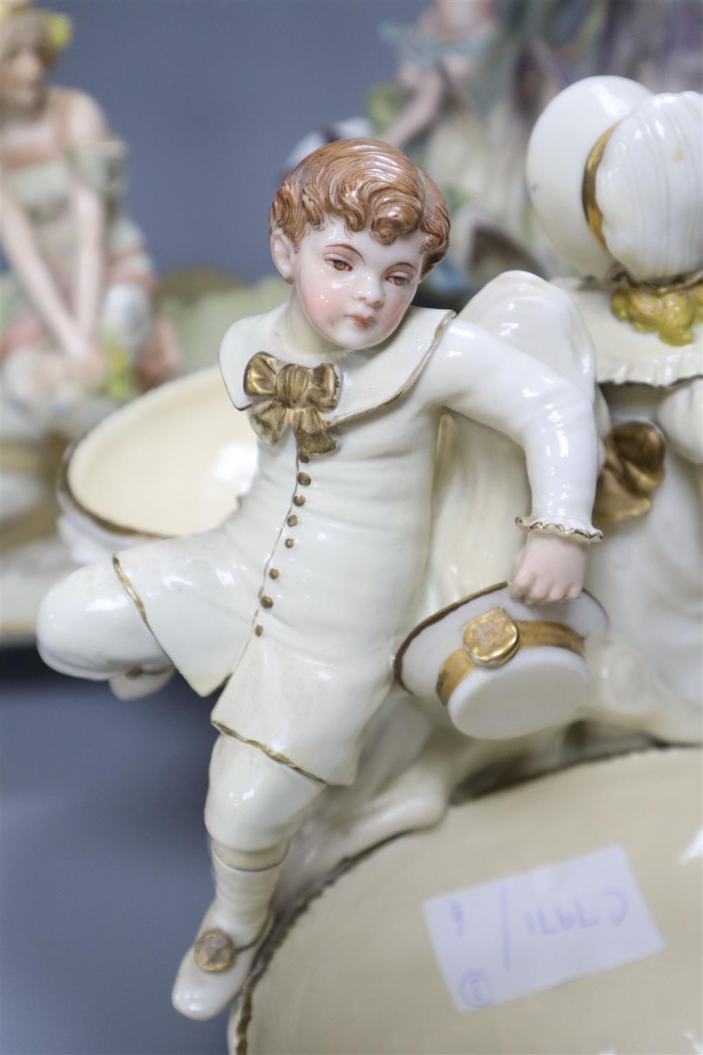 A Victorian Royal Worcester figural centrepiece, 20cm high, restored, an Austrian serving dish with central seated maiden, and a Contin